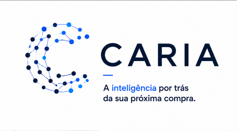 Logo Caria com símbolo em C formado por conexões de dados e a frase A inteligência por trás da sua próxima compra